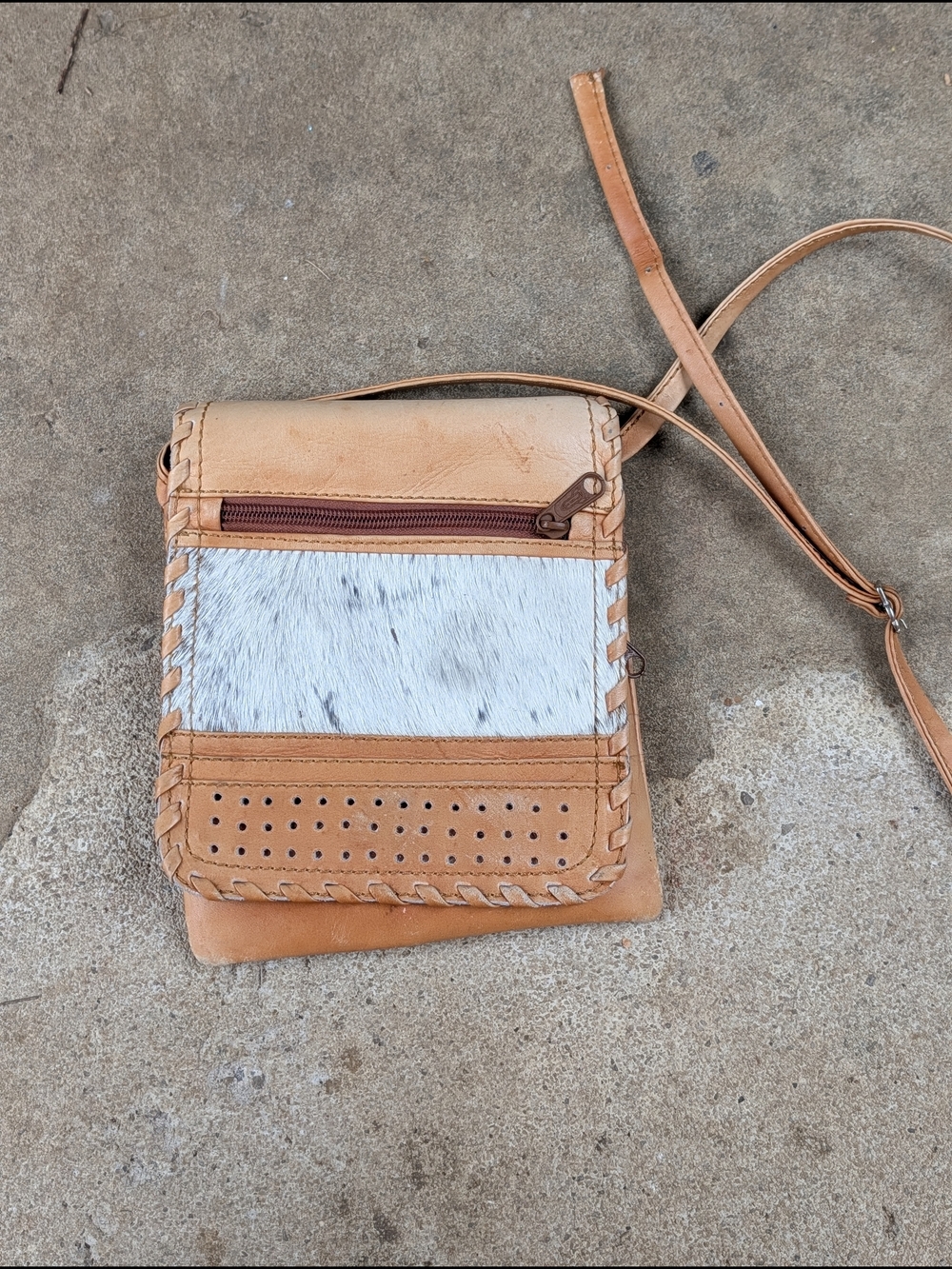 Tan Leather Crossbody Bag with White Haircalf Accent
